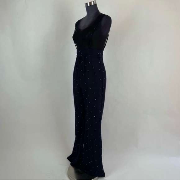 Navy Blue and White Stars Wide Leg High Waisted Overalls Palazzo Pants - Picture 7 of 11